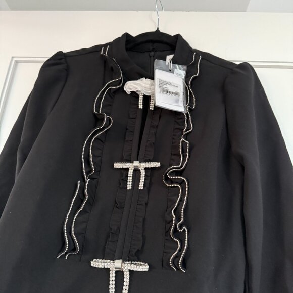 NWT Self-Portrait Ruffled Bib Mini Dress Black Crepe Crystal Trim & Bow Details - Picture 6 of 10